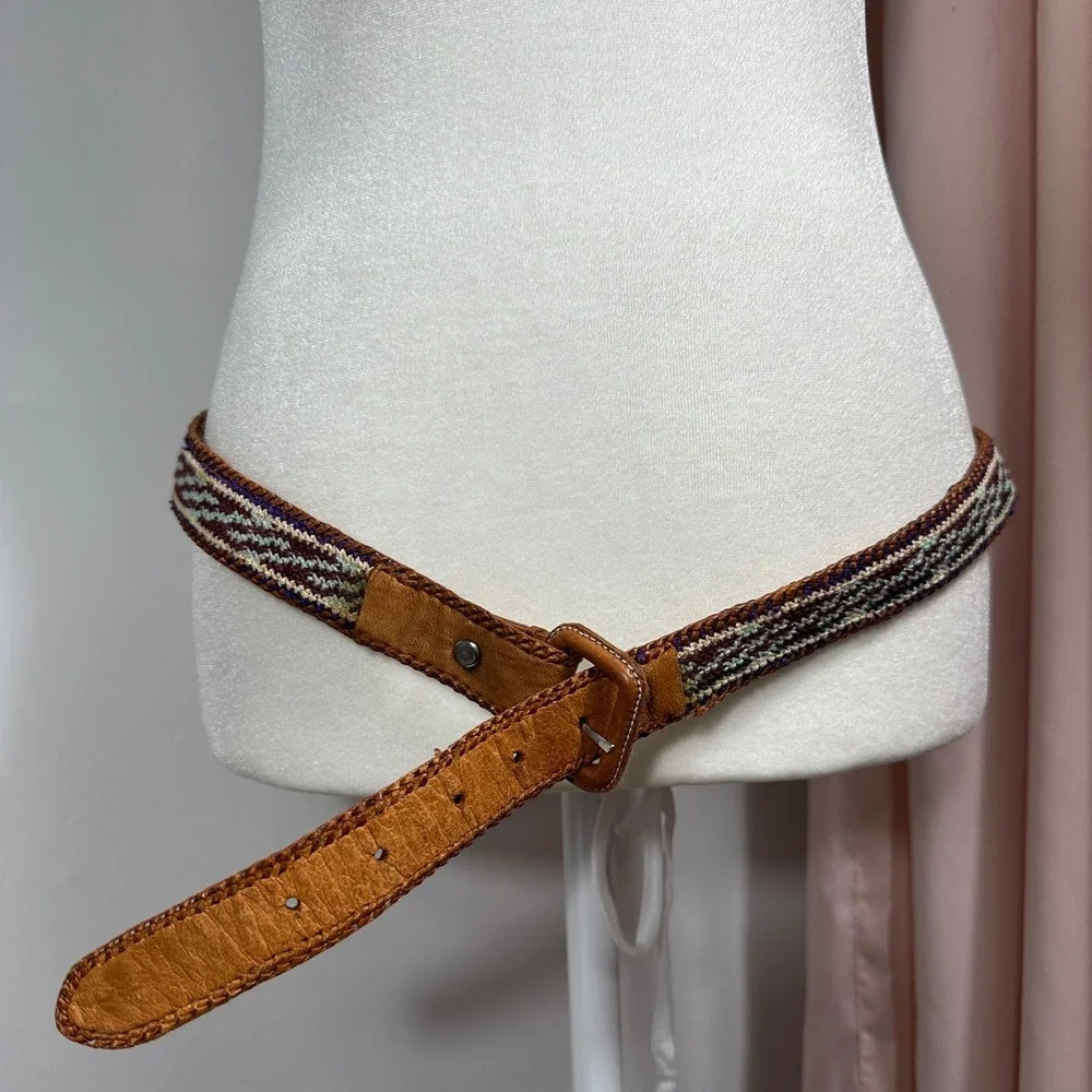 Woven Leather Belt Unisex 38 Brown Good‎ Boho Geometric Guatemala